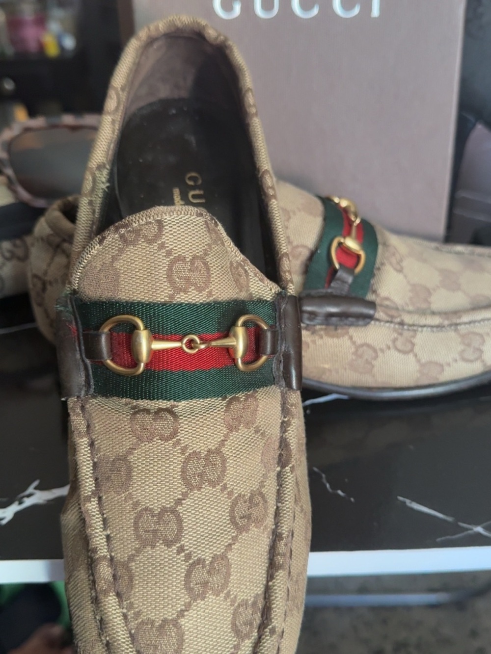 Gucci Brown Monogram Canvas Loafers with Green & Red, classic vintage timeless